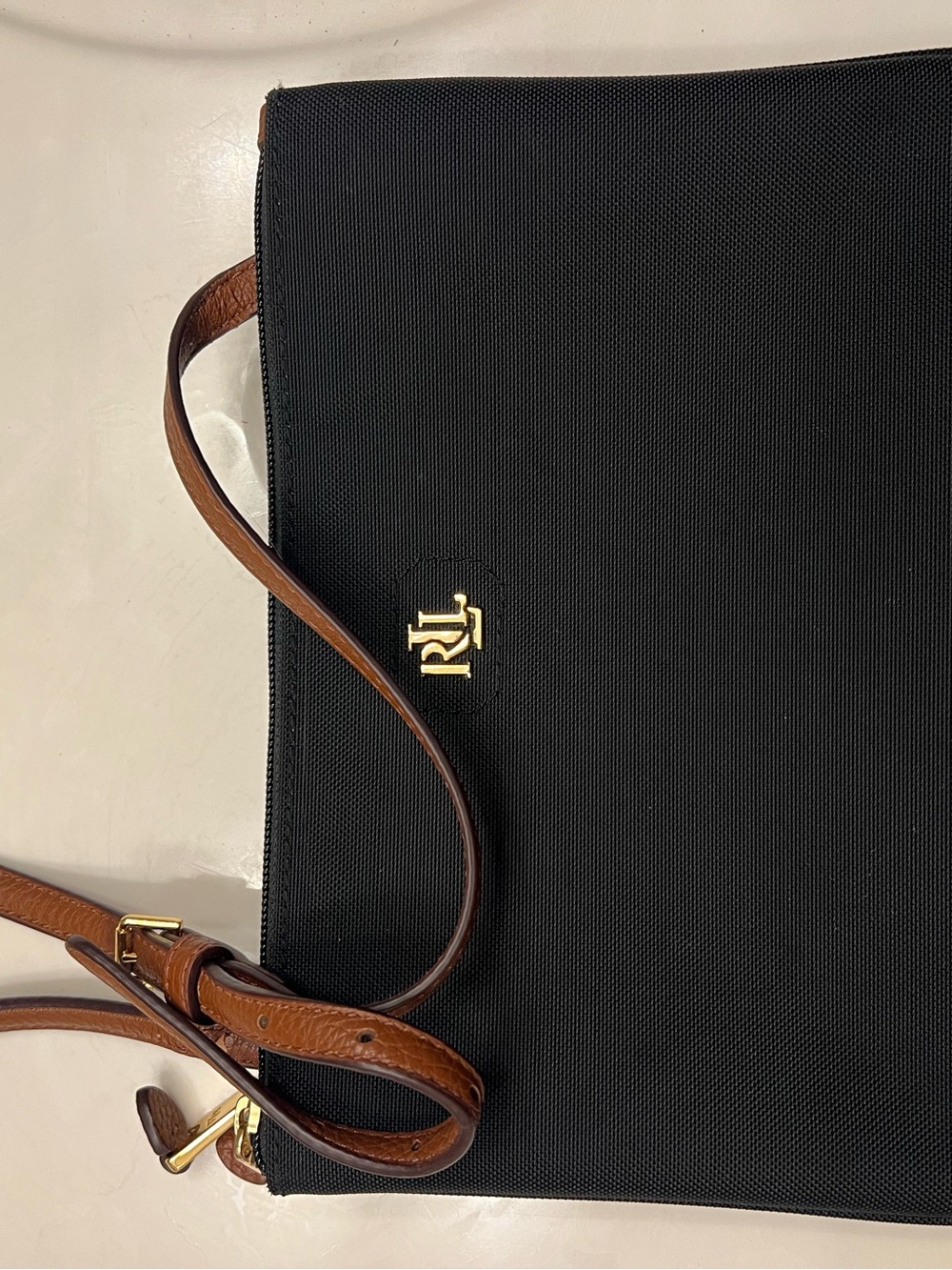 Lauren Ralph Lauren Black leather Crossbody Bag with Brown Leather Strap